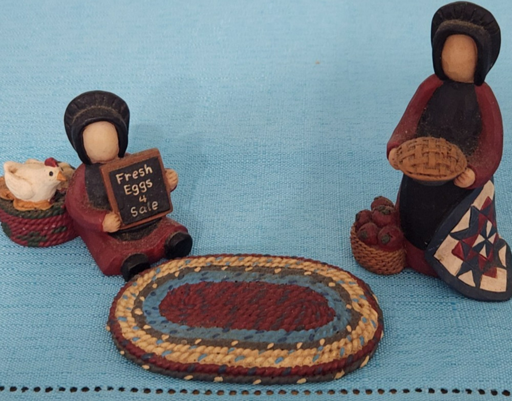 Esther O’Hara Faceless Amish Woman & Child W/ Rug, Quilt & Eggs 4 Sale Set of 3